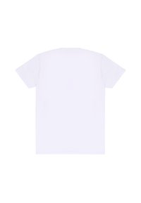 Bílý bavlněný tričko, krátké rukávy, kulatý výstřih, standardní střih, jednoduchý design, hladká textura, pohled zezadu, bez grafiky nebo ozdob.