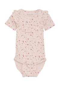 Rosa ribbad body med blommönster och volangdetaljer runt halsen och korta ärmar; tryckknappar i botten för enkel på- och avtagning.