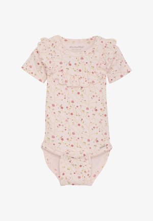 Rosa ribbet jumpsuit med blomsterprint og flæsedetaljer omkring halsudskæringen og korte ærmer; trykknaplukninger i bunden for nem påklædning.