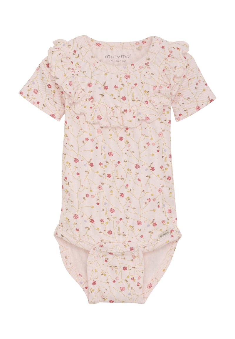 Rosa ribbad body med blommönster och volangdetaljer runt halsen och korta ärmar; tryckknappar i botten för enkel på- och avtagning.