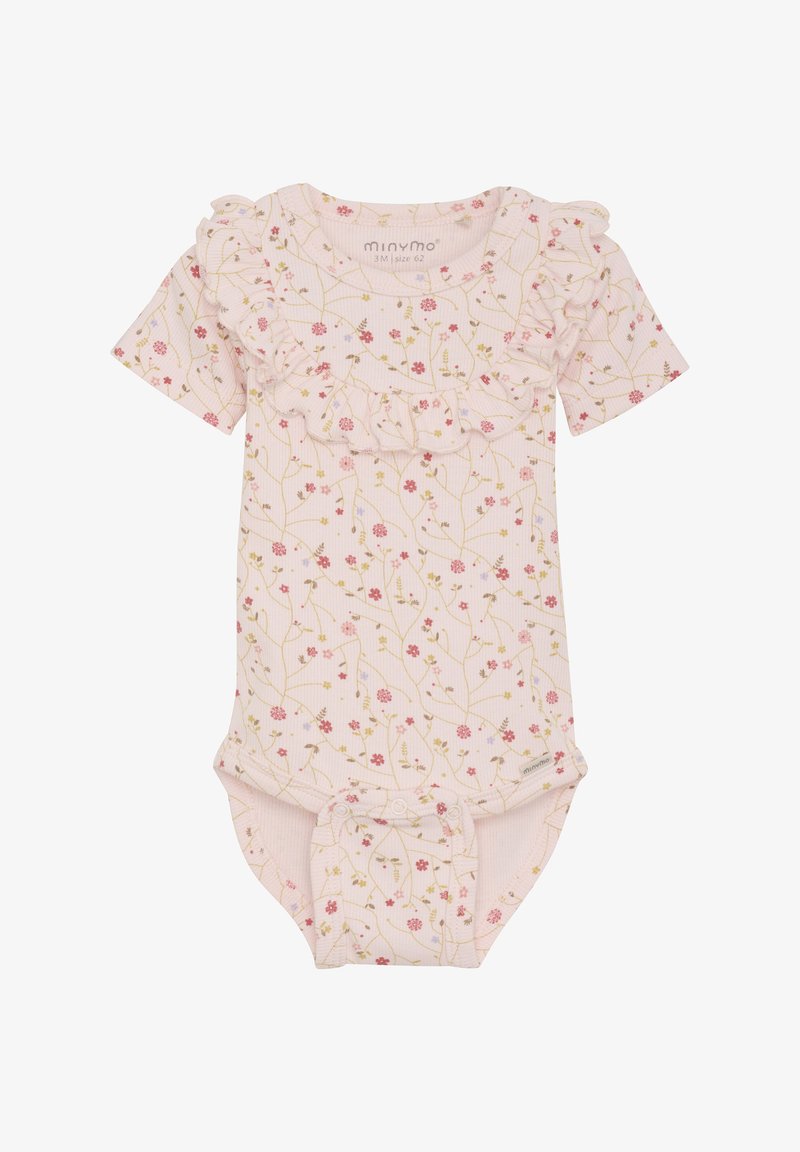 Rosa ribbad body med blommönster och volangdetaljer runt halsen och korta ärmar; tryckknappar i botten för enkel på- och avtagning.