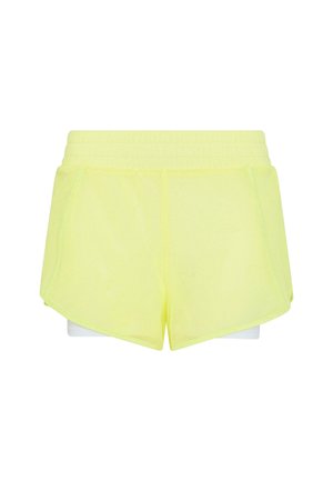 Neon yellow athletic shorts with a layered design, featuring an elastic waistband and a soft, lightweight fabric.