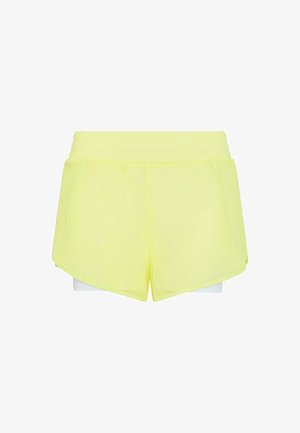 Neon-gelbe Sportshorts mit einem gestuften Design, ausgestattet mit einem elastischen Bund und einem weichen, leichten Stoff.