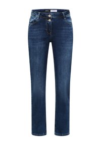 Jeans in denim blu scuro a gamba dritta con tasche frontali, due bottoni, passanti per cintura e dettagli di cucitura in vista.