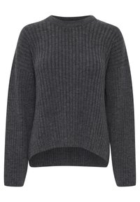 Gray ribbed sweater with a round neck, dropped shoulders, and a slightly curved hem. Made of textured knit fabric.