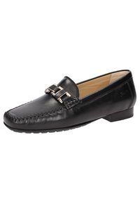 Schwarze Lederloafers mit abgerundeter Spitze, dekorativer Naht entlang der Kante und doppelten Metallschnallen an der Vorderseite. Flache Sohle mit minimalem Absatz.