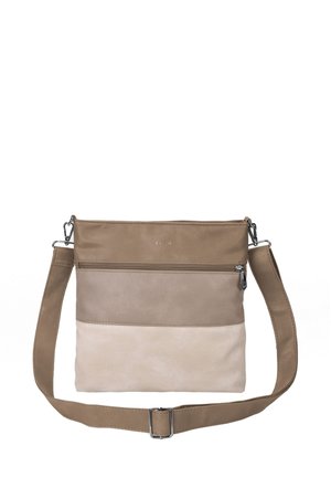 Tan and beige crossbody bag made of leather. Features a smooth texture, flat design, adjustable strap, and a zippered pocket on the front.
