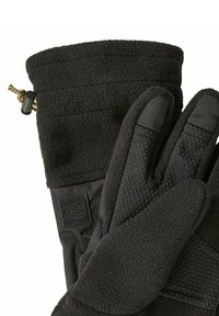 Black gloves featuring a fleece exterior, textured grip on fingers, and adjustable cuff. Includes a cord lock for fit retention.