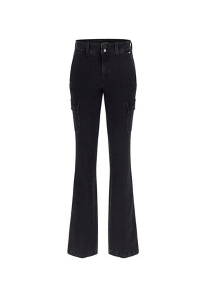 Pantalones cargo de mezclilla negra acampanados que presentan dos bolsillos laterales, cierre de botón, trabillas para el cinturón y una tela texturizada.