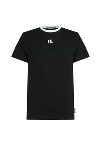 Černé bavlněné tričko s kulatým výstřihem, s bílým lemem a vyšitým logem na hrudi. Krátké rukávy, standardní střih.