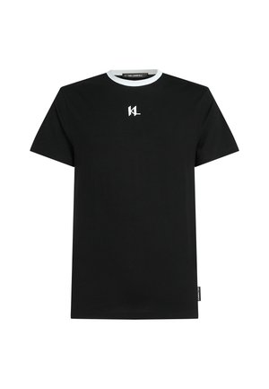 Czarna bawełniana koszulka z okrągłym dekoltem, z białym wykończeniem i haftowanym logo na piersi. Krótkie rękawy, standardowy krój.