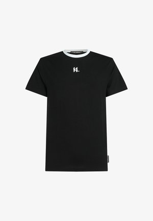 Czarna bawełniana koszulka z okrągłym dekoltem, z białym wykończeniem i haftowanym logo na piersi. Krótkie rękawy, standardowy krój.