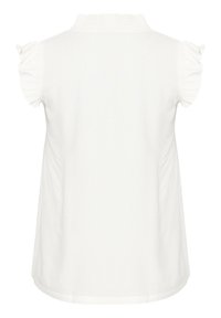 Weiße ärmellose Bluse mit Rüschenshorts und einer gerafften hohen Halslinie, von hinten gezeigt.