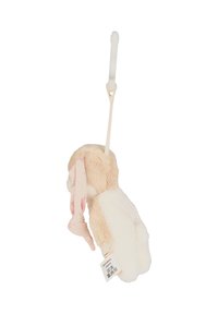 Plush rabbit toy in beige and cream, featuring long floppy ears with a pink floral fabric tie. Attached loop for hanging. Soft texture.