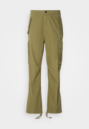 Olive green cargo pants with an elastic waistband, side pockets, and adjustable drawstrings at the cuffs. Lightweight fabric with a smooth texture.