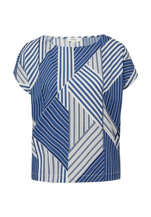 Blouse à manches courtes bleu et blanc avec un motif patchwork géométrique composé de différentes rayures en angles, col rond et coupe décontractée.