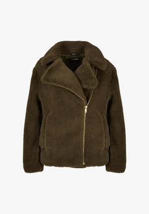 Giacca in finto pelliccia verde oliva con colletto a revers, zipper dorato e due tasche laterali. Tessuto morbido e vestibilità rilassata.