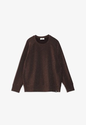 Smeđi dukserica s blistavom teksturom, okruglim izrezom i raglan rukavima. Ima malu oznaku s logom na donjoj lijevoj strani.