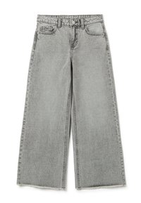 Vaqueros de pierna ancha en denim gris, con una cintura alta, dobladillo deshilachado y diseño clásico de cinco bolsillos. Tejido texturizado con ligera decoloración.
