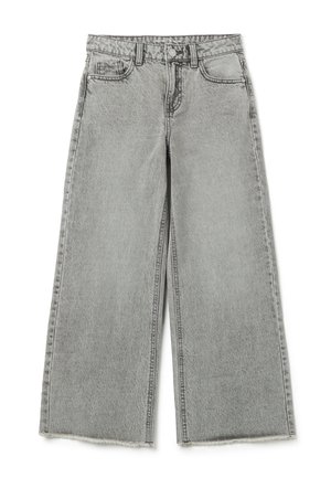 Vaqueros de pierna ancha en denim gris, con una cintura alta, dobladillo deshilachado y diseño clásico de cinco bolsillos. Tejido texturizado con ligera decoloración.