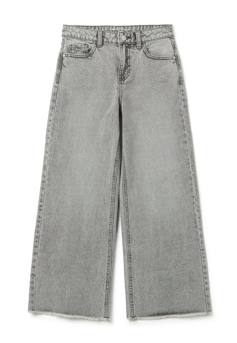 Vaqueros de pierna ancha en denim gris, con una cintura alta, dobladillo deshilachado y diseño clásico de cinco bolsillos. Tejido texturizado con ligera decoloración.
