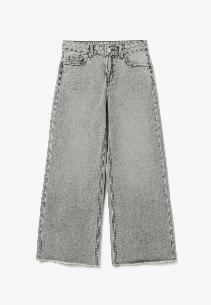 Vaqueros de pierna ancha en denim gris, con una cintura alta, dobladillo deshilachado y diseño clásico de cinco bolsillos. Tejido texturizado con ligera decoloración.