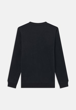 Črna trenirka z dolgimi rokavi, okroglim izrezom, rebrastimi manšetami in robom. Gladka tekstura, minimalističen dizajn, brez vzorcev ali okraskov.