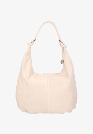 Borsa hobo in pelle scamosciata crema con tracolla singola, forma arrotondata, base piatta e un ciondolo argentato attaccato alla tracolla.