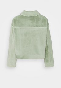 Svetle zelená umělá kožešinová bunda s límcem, zkrácený design a kontrastní bílé prošívání na švech. Měkká textura, minimalistický styl.