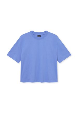 Světle modré bavlněné tričko s kulatým výstřihem, krátkými rukávy a volným střihem. Bez viditelných vzorů nebo grafik. Základní design.