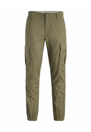 Oliivirohelised laia lõikega püksid ees nööpide ja lukuga, kahel suurel küljetaskul kaaned ning säärepaelad.