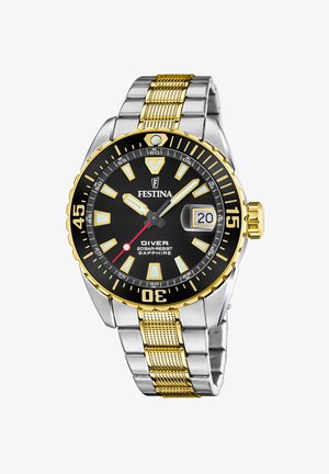 Montre de plongée Festina avec un cadran noir, repères lumineux, affichage de date, bracelet en acier inoxydable et en or, cristal saphir, résistance à l'eau jusqu'à 20 bars.