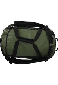 Olivi vihreä duffel-laukku mustilla yksityiskohdilla, valmistettu kestävästä materiaalista, jossa on kaksoiskahvat, säädettävät hihnat ja sylinterimäinen muoto.