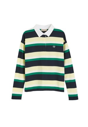 Koszulka rugby z długim rękawem i białym kołnierzykiem, z poziomymi paskami w kolorach granatowym, zielonym, kremowym i białym oraz małym haftowanym logo na piersi.