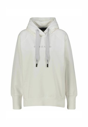 Weißer Kapuzenpullover mit lässiger Passform, ausgestattet mit grauen Kordeln, gerippten Bündchen und einem dezent eingravierten Logo auf der Vorderseite.