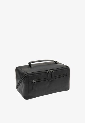 Borsa da toilettatura in pelle nera, di forma rettangolare, con manico superiore, chiusura a doppia zip e due tasche anteriori con zip. Texture liscia con dettagli minimi.