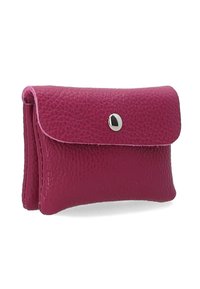 Fuchsia leather wallet with a textured surface, rounded shape, and a metallic snap closure on the front. Compact design with soft edges.