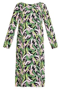 Long-sleeve dress featuring a vibrant black background with a tropical leaf pattern in green and pink. Made of soft fabric with a relaxed fit.