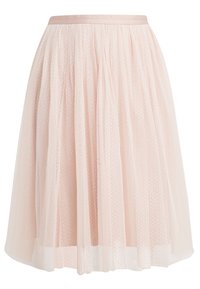 Falda midi de tul de color rosa claro con pequeños lunares y una cintura elástica, que presenta una silueta suave y fluida.