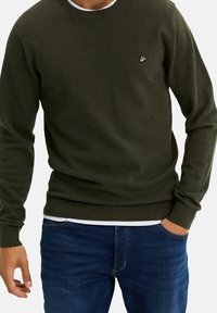 Svetřík v tmavě zeleném texturovaném pletení, s kulatým výstřihem a žebrovanými manžetami. Na hrudi malý zlatý logo. Nošený přes bílou košili.