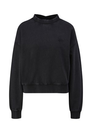 Sweatshirt noir à manches longues et cropped avec col, poignets et ourlet côtelés, arborant un logo brodé subtil sur la poitrine gauche.