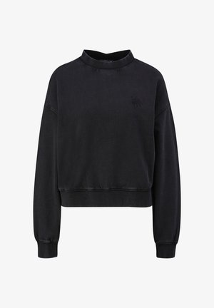 Zwarte cropped sweatshirt met lange mouwen, ribbelkraag, manchetten en zoom, met een subtiele geborduurde logo op de linkerkant van de borst.