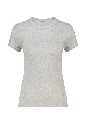 Lichtgrijze geribbelde T-shirt met korte mouwen, opgerolde manchetten en een ronde hals, aansluitende pasvorm.