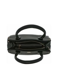 Sac à main en cuir noir avec deux poignées arrondies, des compartiments zippés et des accents en métal doré, présentant une surface texturée.