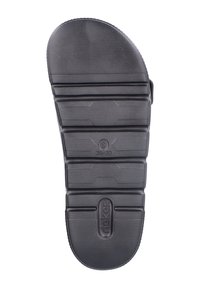 Schwarze Gummisohle mit strukturierten Rillen, Erhebungen und einem aufgedruckten Logo. Größe markiert als 36-37, mit einem flachen, rutschfesten Design.