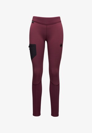 Burgunderfarbene Leggings aus elastischem Stoff, mit einer seitlichen Tasche in Schwarz, Logodetail am Oberschenkel und nahtloser Innennaht.