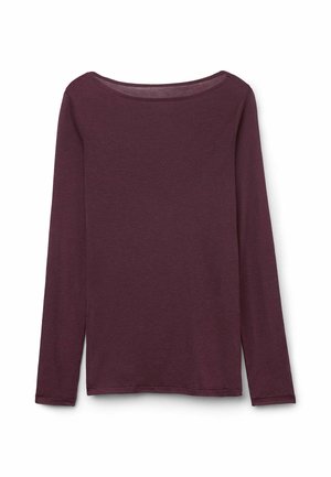 T-shirt à manches longues en bordeaux profond, avec un col rond, un tissu doux et une coupe décontractée avec des fentes latérales à l'ourlet.