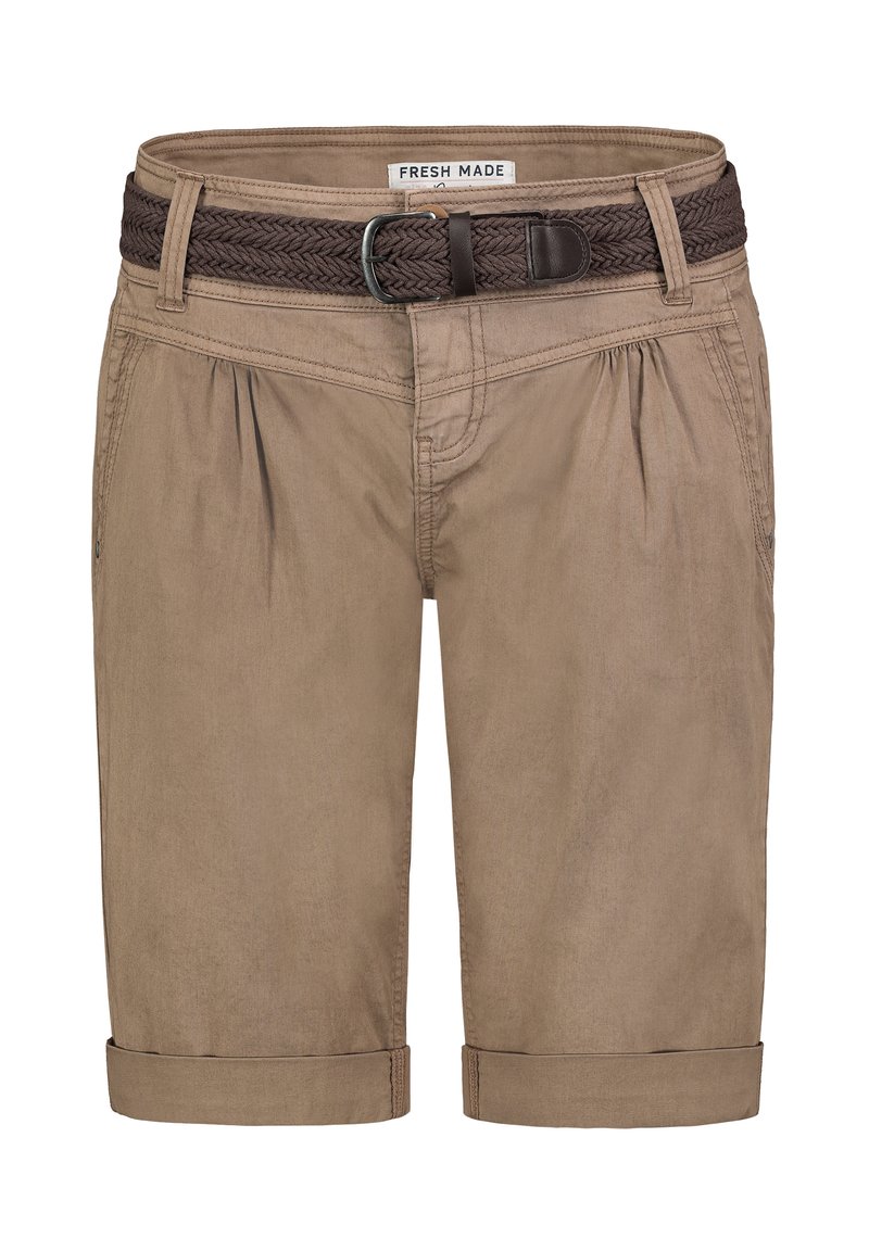 Beige cotton shorts with a woven brown belt, featuring a tailored fit, side pockets, and rolled cuffs for a casual appearance.