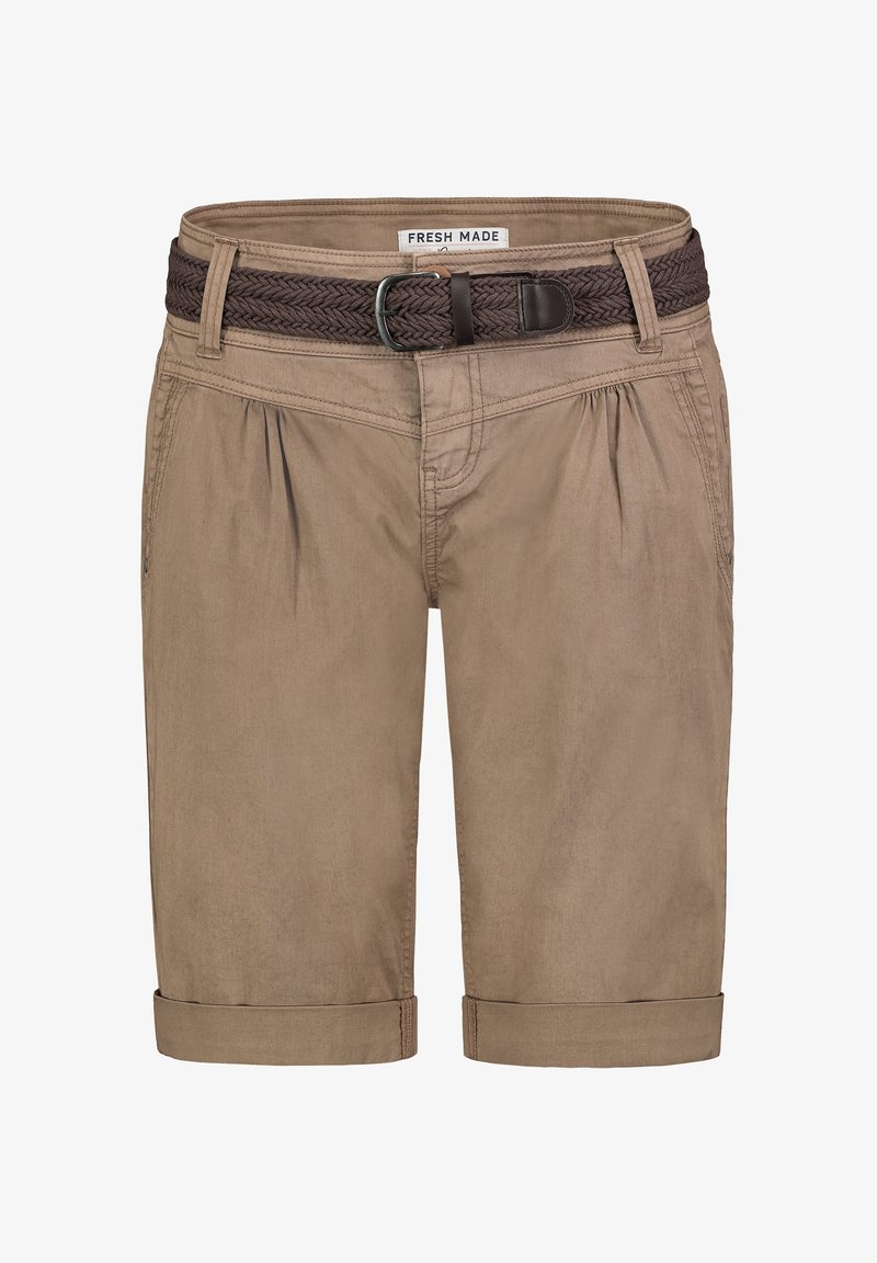 Beige cotton shorts with a woven brown belt, featuring a tailored fit, side pockets, and rolled cuffs for a casual appearance.