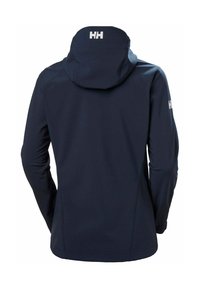 Navyblaue Softshell-Jacke mit Kapuze. Merkmale ein auffälliges Logo auf dem Rücken und weiße Akzente an den Ärmeln. Glatte, wasserdichte Textur.